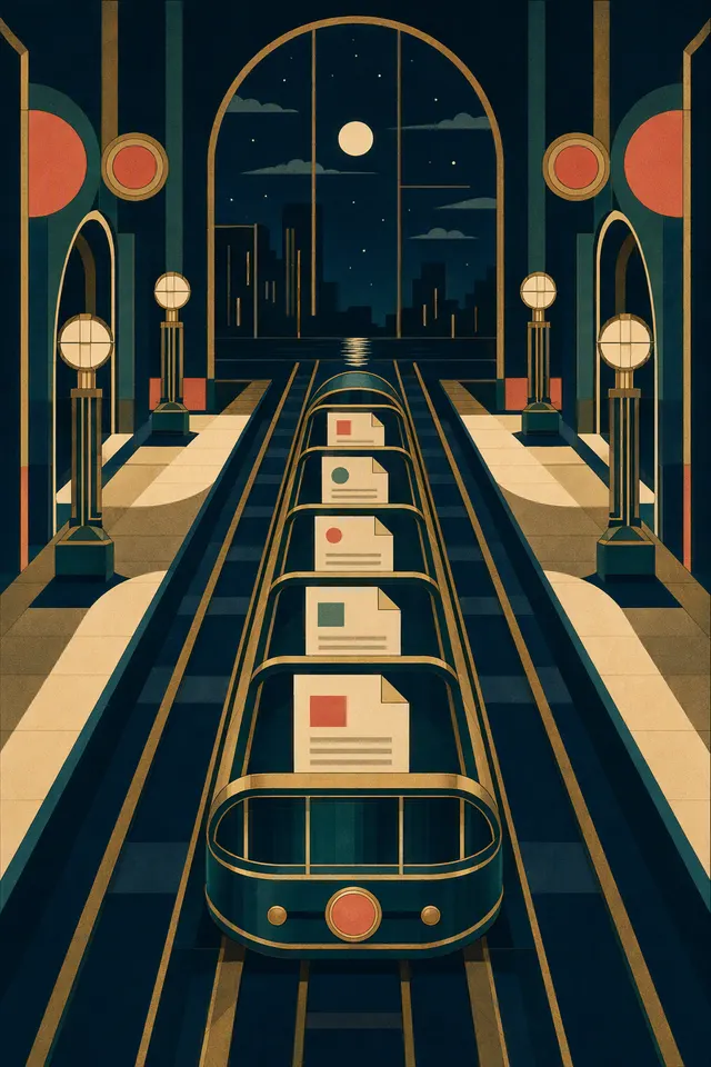 An art-deco night train carries five paper page cards along parallel rails